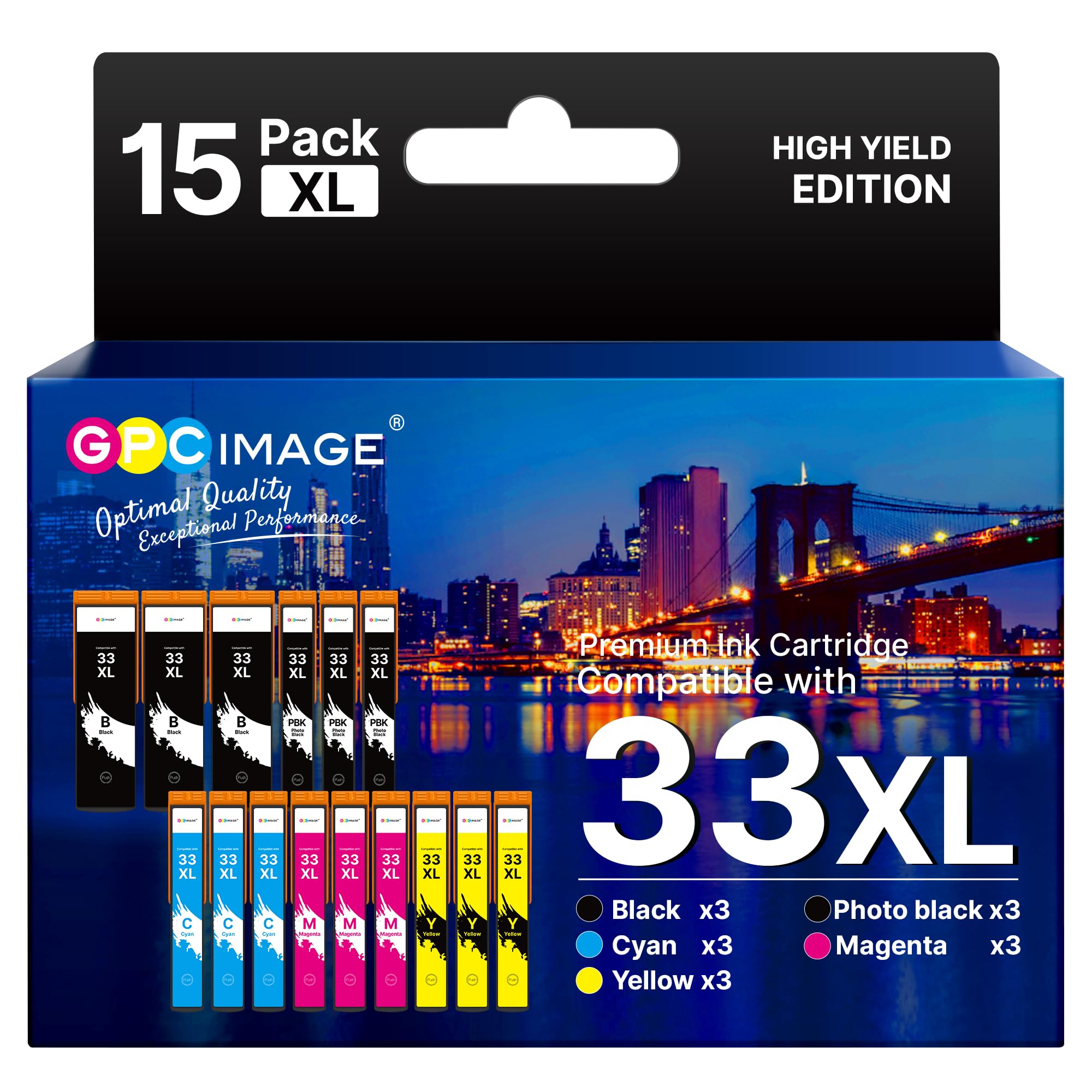 GPC Image 15-Pack 33XL Ink Cartridges Compatible for Epson 33XL Ink Cartridges for Epson Expression Premium XP-7100 XP-645 XP-530 XP-540 XP-900 XP-640 XP-630 XP-635 XP-830 (3 BK/3 PBK/3 C/3 M/3 Y)