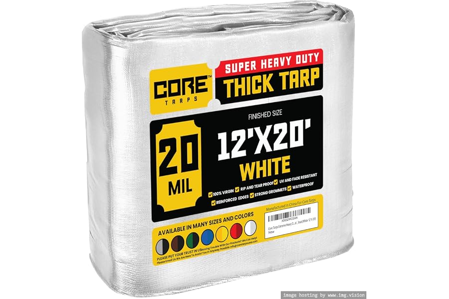Core Tarps Extreme Heavy Duty 20 Mil Tarp Cover, Waterproof, UV Resistant, Rip and Tear Proof, Poly Tarpaulin with Reinforced Edges for Roof, Camping, Patio, Pool, Boat (White 12′ X 20′)