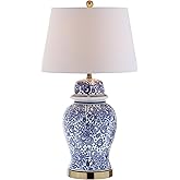 JONATHAN Y 29.5" Blue/White Ceramic Table Lamp for Living Room and Office, White Linen Drum Shade, Traditional Chinoiserie Gi