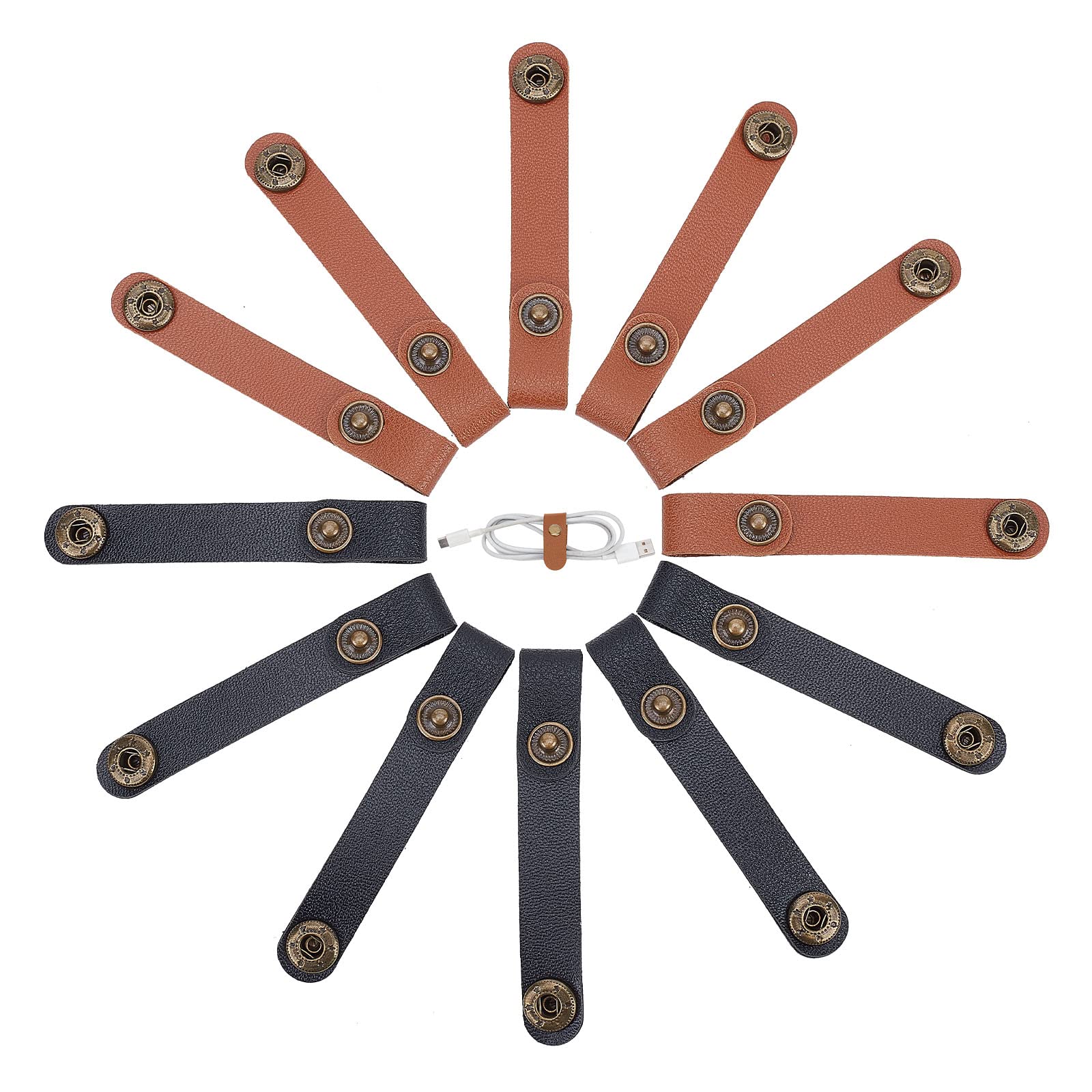 GORGECRAFT 12PCS 2 Colors Leather Cable Clips Usb Holder Fastening Ties Wire Cord Organizer Rustic Keeper with Alloy Snap Buttons Cable Management for Travel Home School Office Daily Supplies — image 1