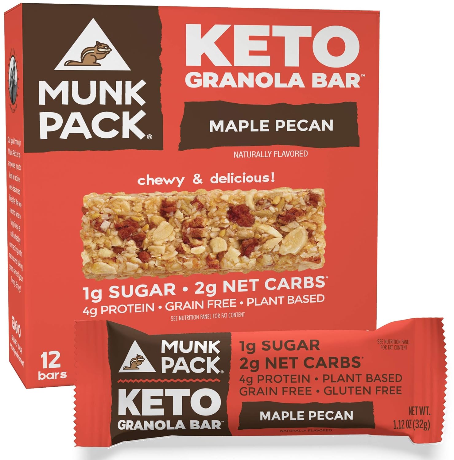 Munk Pack Maple Pecan Keto Granola Bars with 1g Sugar, 2g Net Carbs | Keto Snacks | Chewy & Grain Free | Plant Based, Paleo-Friendly | Gluten Free, Soy Free | No Sugar Added | 12 Pack