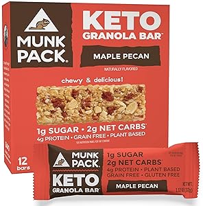 Munk Pack Maple Pecan Keto Granola Bars with 1g Sugar, 2g Net Carbs | Keto Snacks | Chewy & Grain Free | Plant Based, Paleo-Friendly | Gluten Free, Soy Free | No Sugar Added | 12 Pack