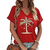 Jliqt Christmas V Neck Shirts for Women Buffalo Plaid Tree Shirt Merry and Bright Shirt Casual Graphic T-Shirt Tops