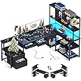 AODK 79 inch L Shaped Desk with File Drawers, Reversible L Shaped Gaming Desk with Power Outlets & LED Lights, Computer Desk with Storage Shelves for Home Office, Black