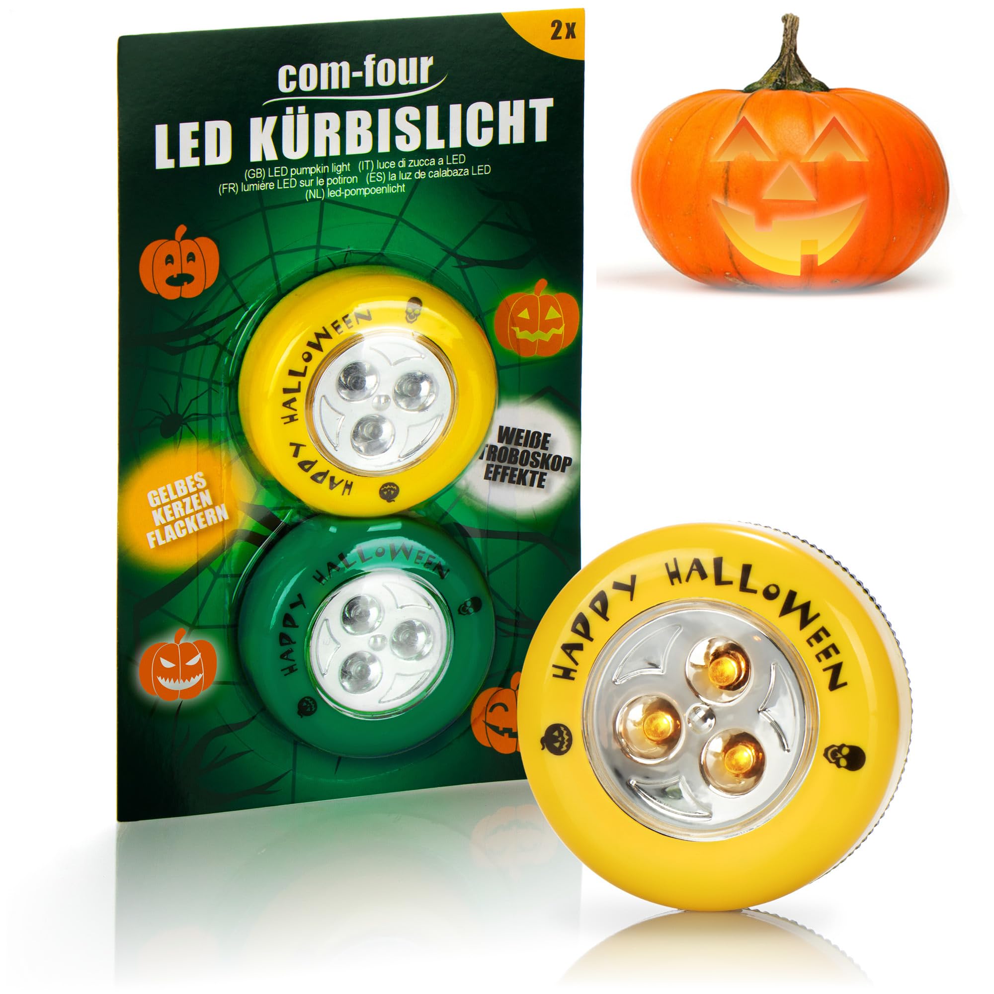 com-four® 2X LED Lights for Halloween - Flashing Pumpkin LED Lights for Hollowed Out and Carved Pumpkins - Pumpkin lamp for Halloween (Set LED - Gelb + grün)