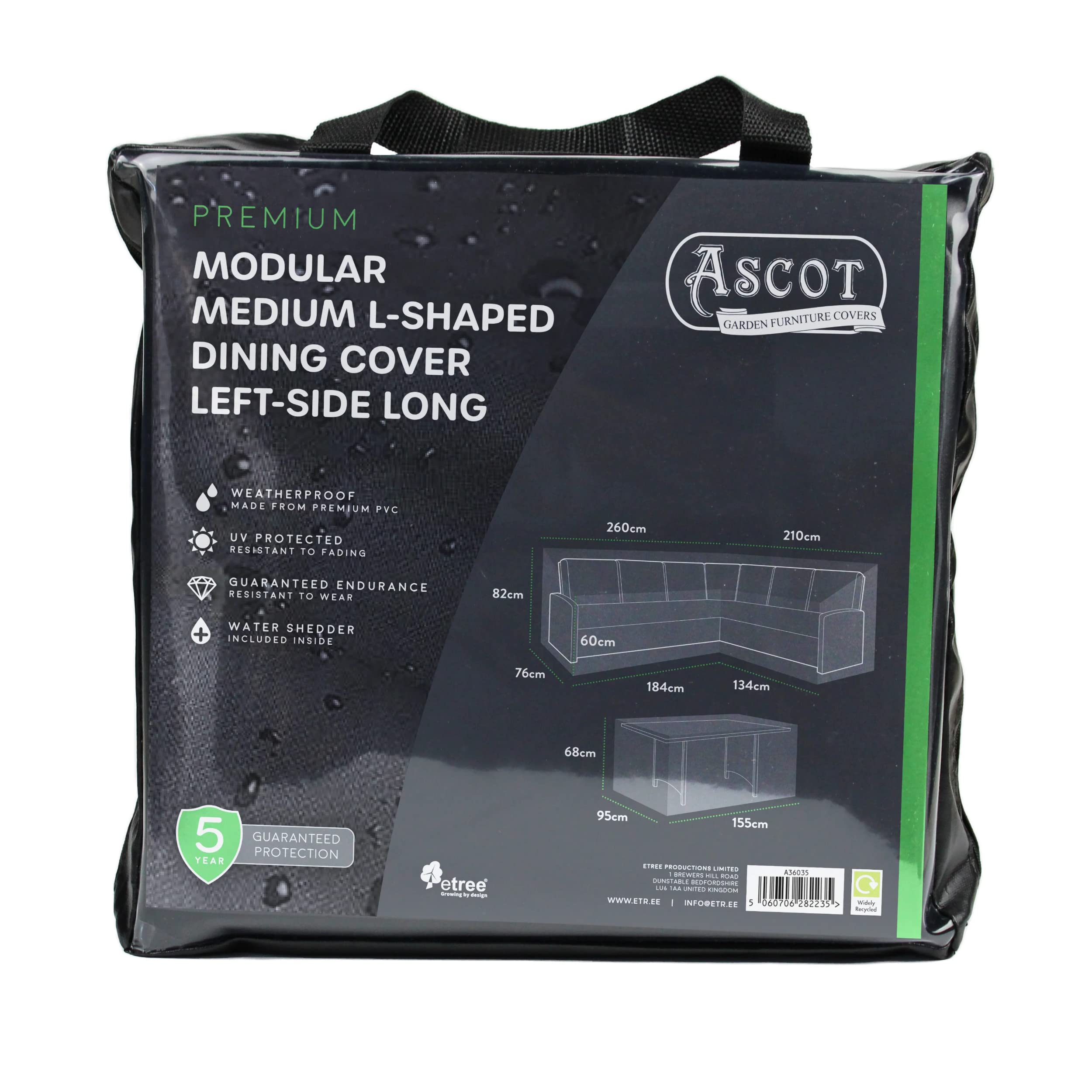 Ascot Premium Modular Medium L Shaped Dining Cover (left side long) - 260/184 X 210/134 X 76 (D) X 60/82 (H) Table: 155 X 95 X 68 H Deep Black