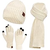 Womens Winter Knit Warm Hat Beanie Long Scarf Touch Screen Gloves Set Skull Caps Neck Scarves for Women
