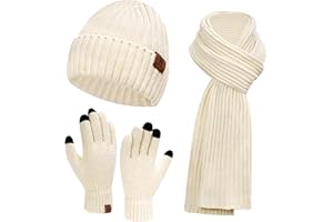 AQOTHES Womens Winter Knit Warm Hat Beanie+Long Scarf+Touch Screen Gloves Set Skull Caps Neck Scarves for Women Men