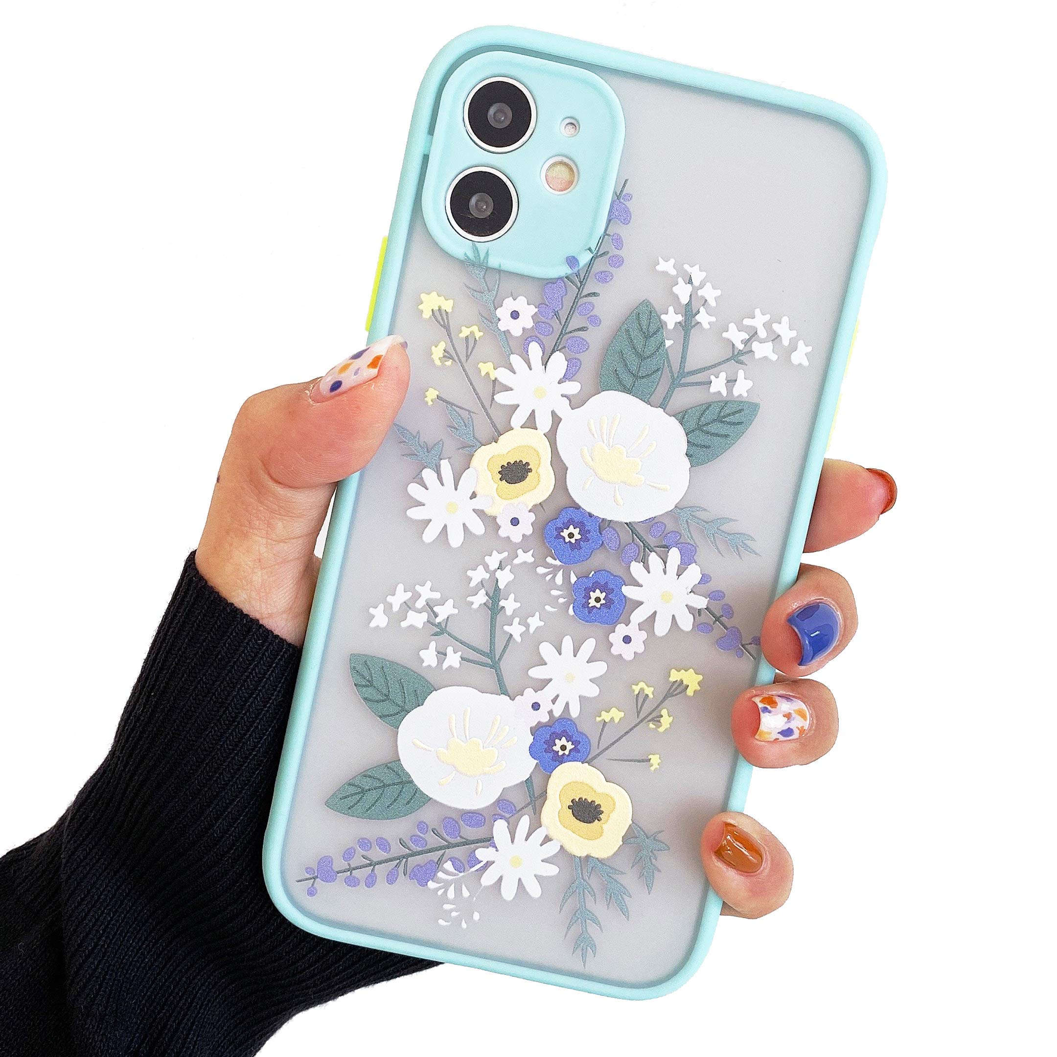 Compatible with iPhone 12 for Girl Woman, Floral Flower Pattern Slim Design, Protective Hard PC Back with Soft Shockproof TPU Bumper Phone Case for iPhone 12 6.1inch(NOT Fit iPhone 12 Pro)-Blue