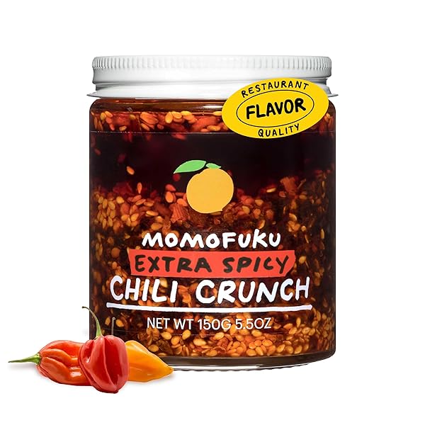 MOMOFUKU EXTRA SPICY CHILI CRUNCH BY DAVID CHANG, (5.5 OUNCES), OIL WITH CRUNCHY GARLIC AND SHALLOTS, CRISP FOR COOKING AS SAUCE OR TOPPING, 1 PACK