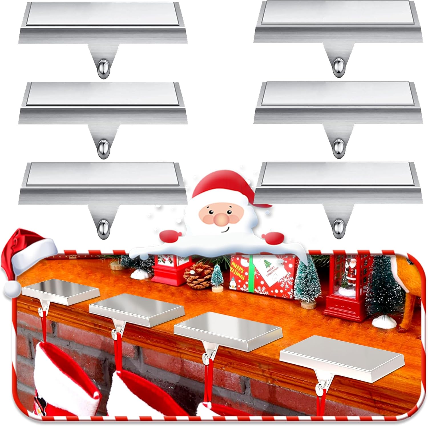 Ornament Hooks - HPQ Set of 6 Christmas Stocking Holders for Mantle Christmas Stocking Hanging Hooks Weighted Stocking Holder Bases for Holiday Xmas Fireplace Window Home Table Decor (Silver)