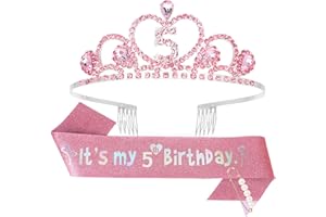 CIEHER 5th Birthday Decorations for Girls - 5th Birthday Crown and Sash with Pearl Pin Set - Pink