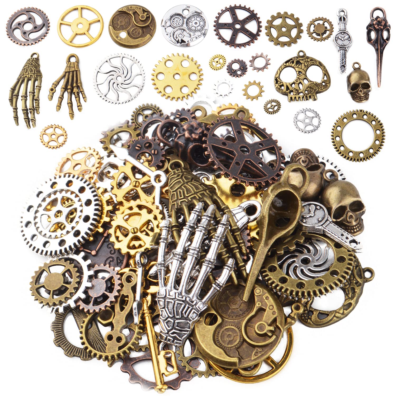 Photo 1 of 100g(Approx 76pcs) Assorted Colors Antique Metal Steampunk Clock Gear Cog Wheel Skull Key Skull Hand Safety Pin Charms Pendant Jewelry Charms for Craft Jewelry Making Accessory