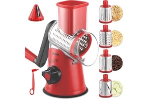 Rotary Cheese Grater Cheese Shredder - Geedel Deluxe Version Cheese Grater with Handle Nut Grinder with 4 Interchangeable Blades and 2 Cutters, Rotary Grater Slicer for Fruit, Vegetables, Nuts, Ice