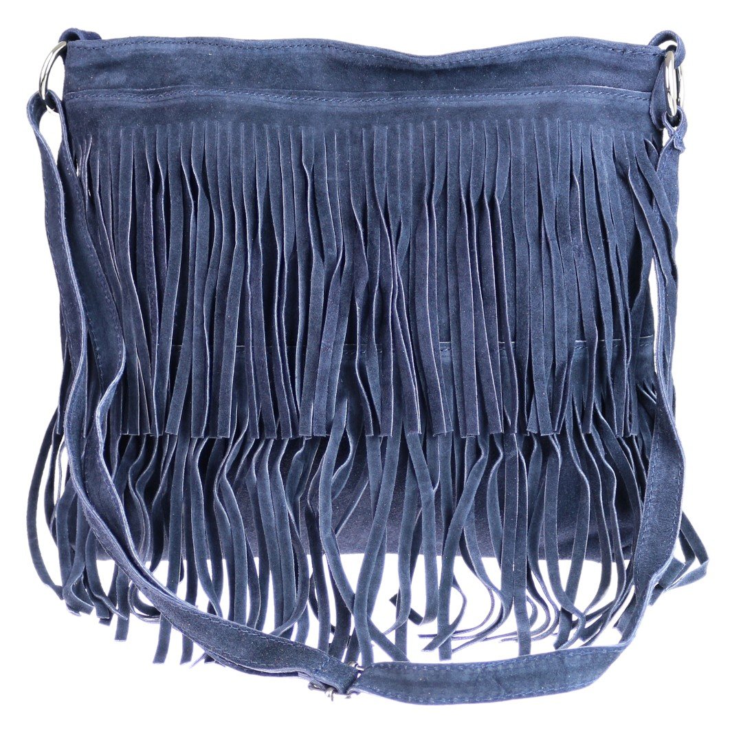 Girly Handbags Womens Large Genuine Suede Fringe Shoulder Bag Crossbody Slouch Elegant - Navy