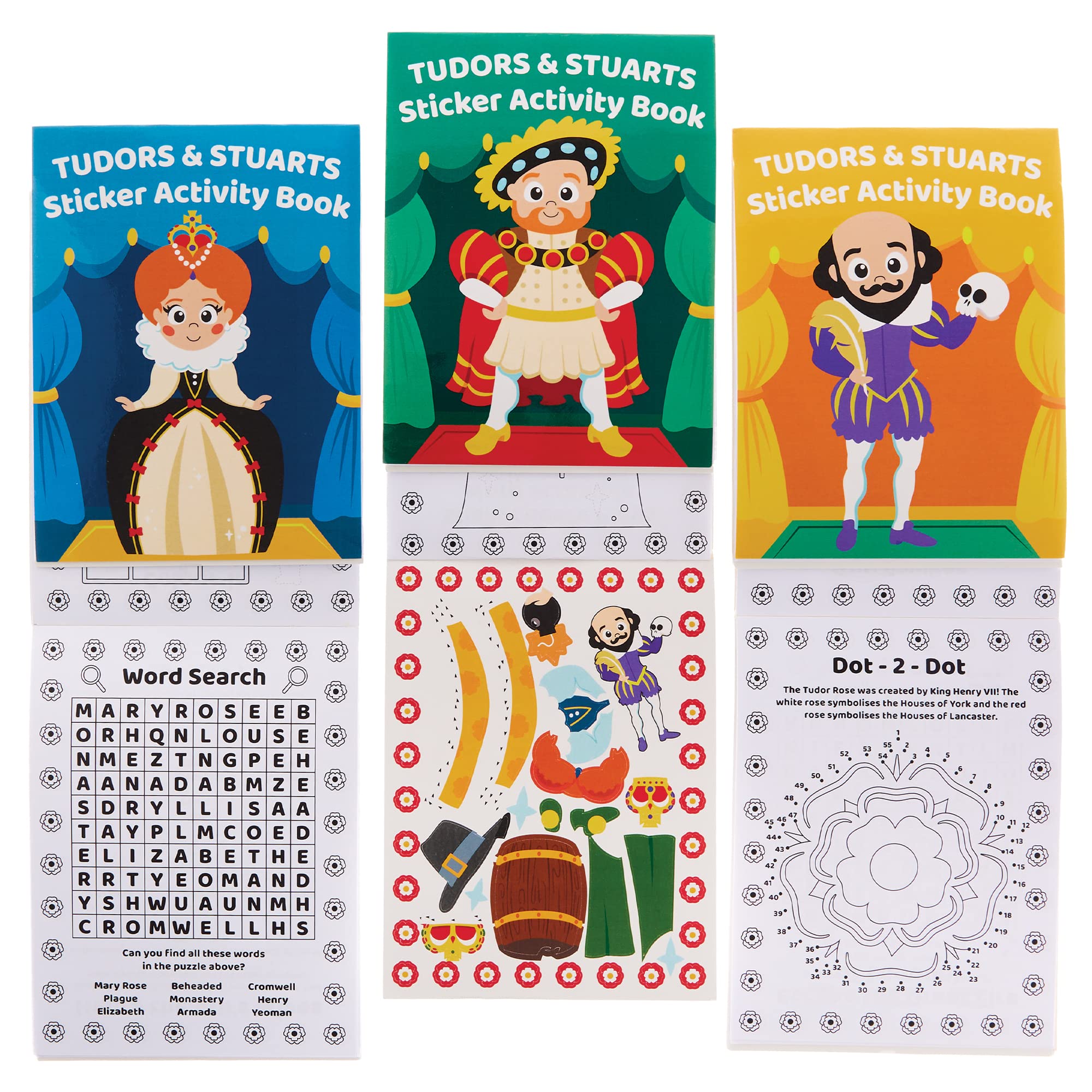 Baker Ross FX638 Tudors and Stuarts Sticker Activity Books - Pack of 8, Sticker Book Party Bag Fillers for Kids