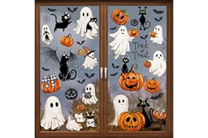 CIOEY 87 PCS Halloween Window Clings Ghost Decals Decor, Vintage Ghost Evil Pumpkin Bat Black Cat Reusable Window Stickers for Halloween Party Supplies Home Glass Decorations