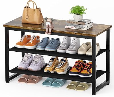 SIMPDIY 3 Tier Shoe Rack Bench Rustic Brown Steel Wood 150kg Load