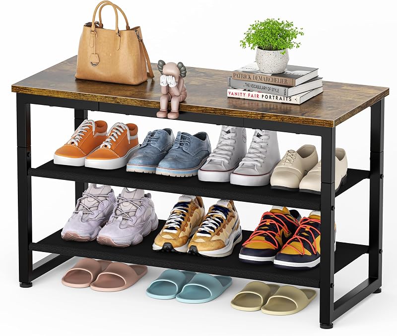 SIMPDIY 3 Tier Shoe Rack Bench Rustic Brown Steel Wood 150kg Load