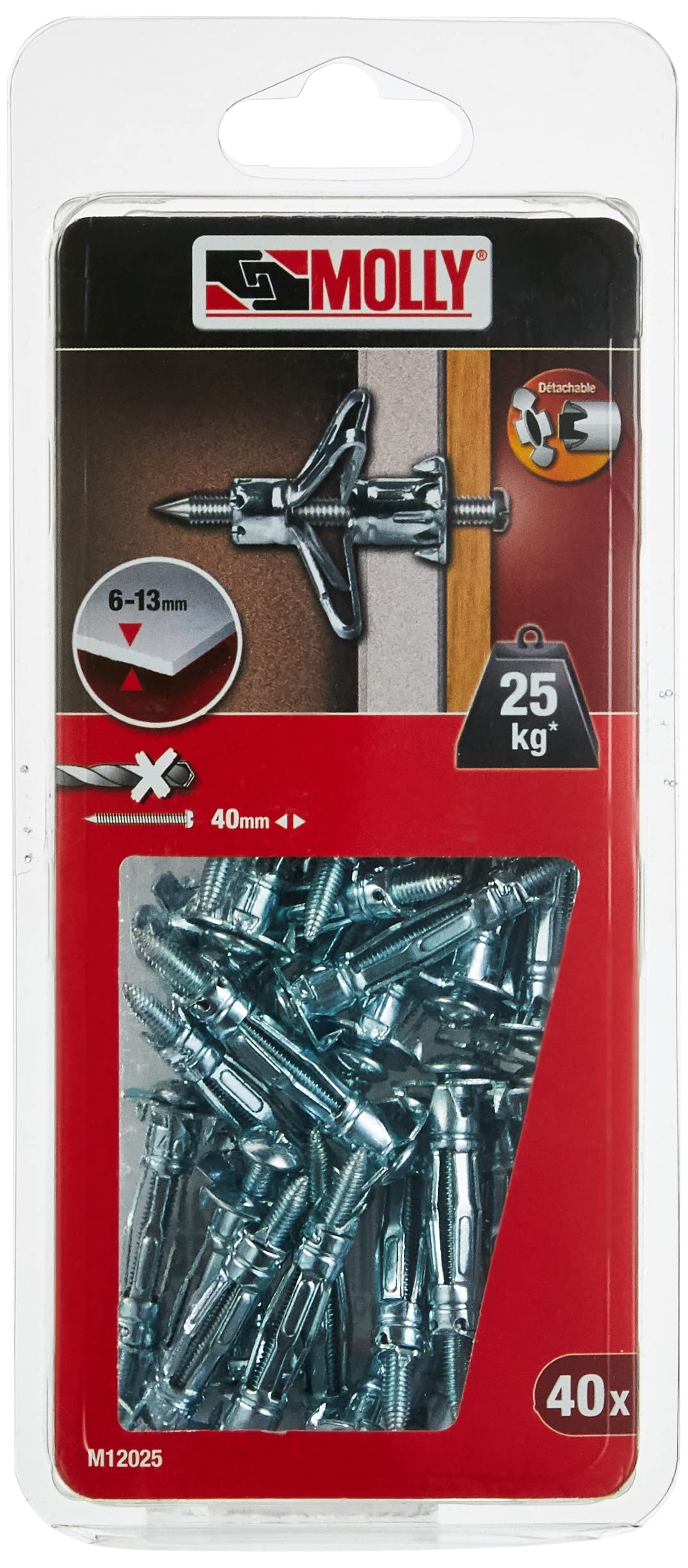 Molly M12025-XJ Self-Drilling Dowels with M4 Screws Diameter 4 x 35 mm Grey Set of 40
