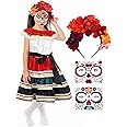 Croknit 4 Pcs Girls Mexican Traditional Costume Set Halloween Kids Flamenco Dance Dress Face Tattoos Flower Crown Headband