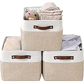 DECOMOMO Storage Baskets for Shelves - Fabric Storage Bins, Linen Closet Organizers and Storage (Beige & White, Large - 3 Pack)