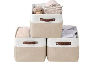 DECOMOMO Storage Baskets for Shelves - Fabric Storage Bins, Linen Closet Organizers and Storage (Beige & White, Large - 3 Pack)