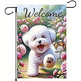 BlissYard Welcome Garden Flag Spring Summer Dog Garden Flag 12x18 Inch Double Sided Cute Bichon Frise Puppy Floral Butterfly Outdoor Yard Lawn Porch Decor Banner