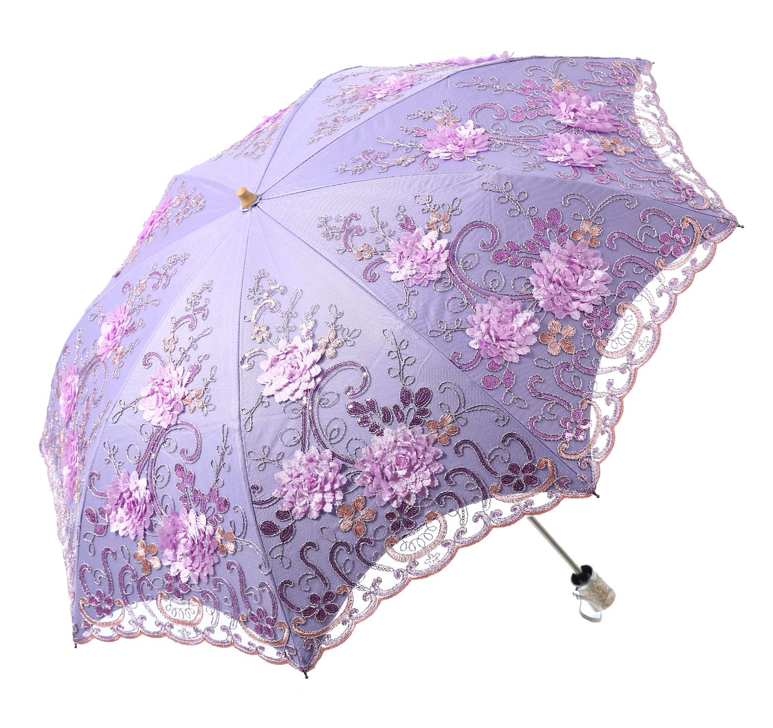 LCY Ladies Embroidered Lace Double-deck Anti-UV Parasol Umbrella Sun/Rain/Snow Folding Umbrella-Purple