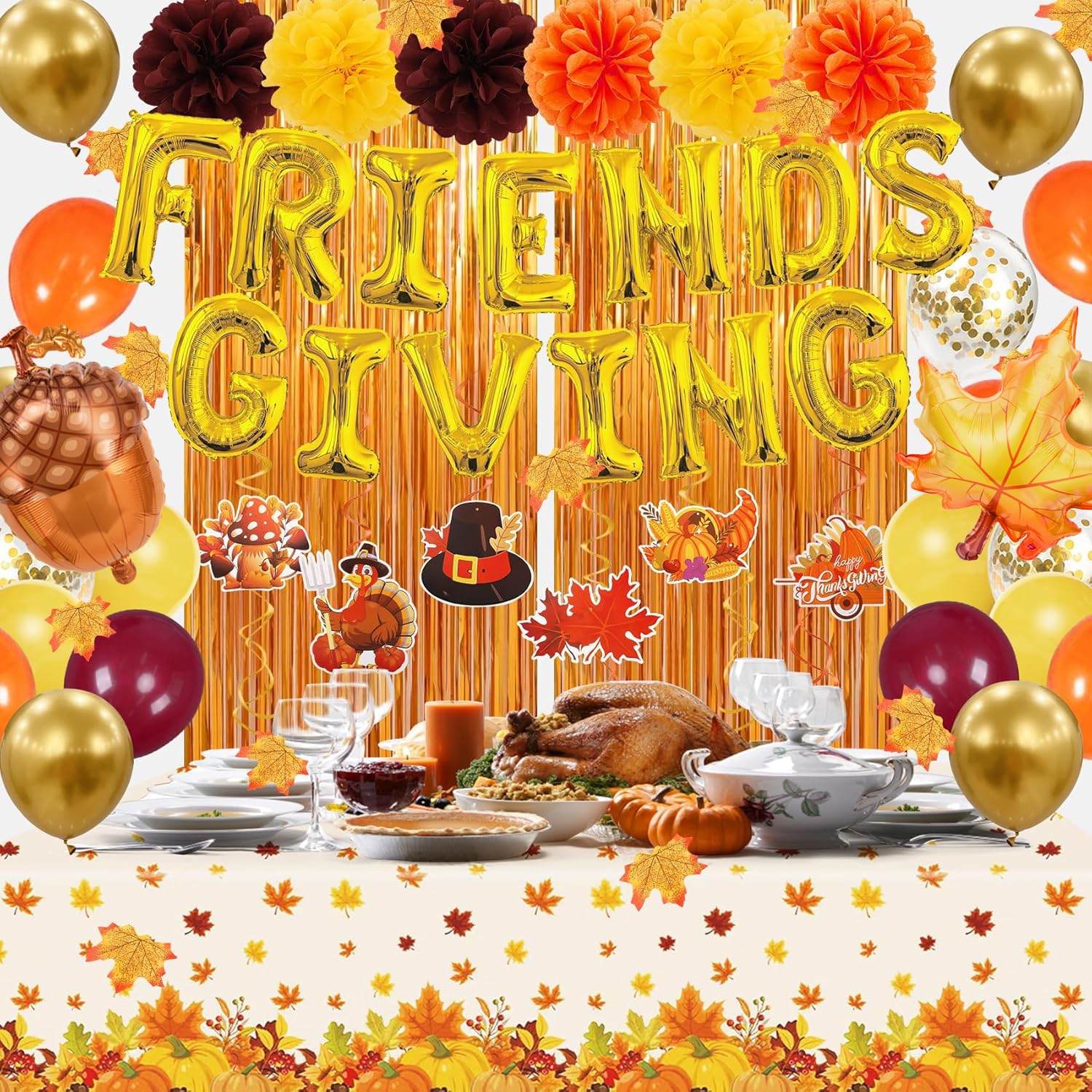 Photo 1 of 106Pcs Friendsgiving Party Decorations, Friendsgiving Banner Tablecloth Foil Fringe Curtain Maple Leaves Foil Balloons Swirls Paper Pompoms for Thanksgiving Fall Autumn Party Decor