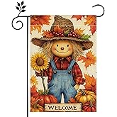 Fall Pumpkin Scarecrow Garden Flag for Outside 12x18 Inch Double Sided Burlap Welcome Autumn Thanksgiving Maple Leaf Sunflower Flowers Farmhouse Holiday Rustic Outdoor Yard Flag Home Decorations
