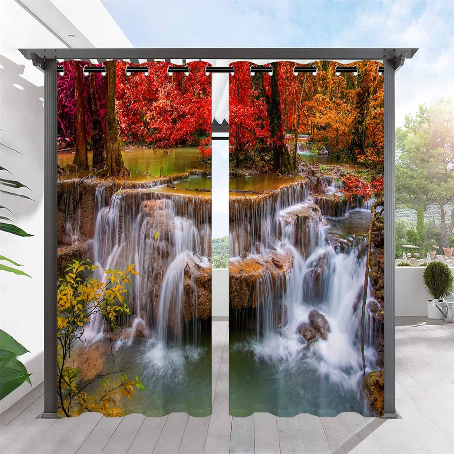 Outdoor Curtains - ANHOPE Waterproof Indoor Outdoor Curtains for Patio/Bedroom/Pergola/Deck/Gazebo/Porch/Cabana Grommet Privacy Curtains with Autumn Forest Waterfall Nature Scenery Print Pattern 2 Panels 54 x 96 Inch