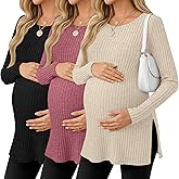 Ficerd 3 Pack Women's Maternity Shirts, Ribbed Long Sleeve Pregnancy Sweaters Crew Neck Slit Side Knit Pregnant Tunic Tee Top