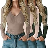 Riyiper 3 Pack Women Long Sleeve Shirts, 95% Cotton V Neck Ribbed Knit Tops Slim Fit Casual Going Out Tee Shirts