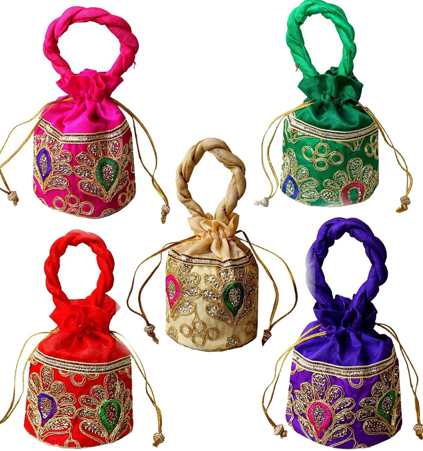 dms retail silk multicolour women's embroidered potli bag (pack of 5)