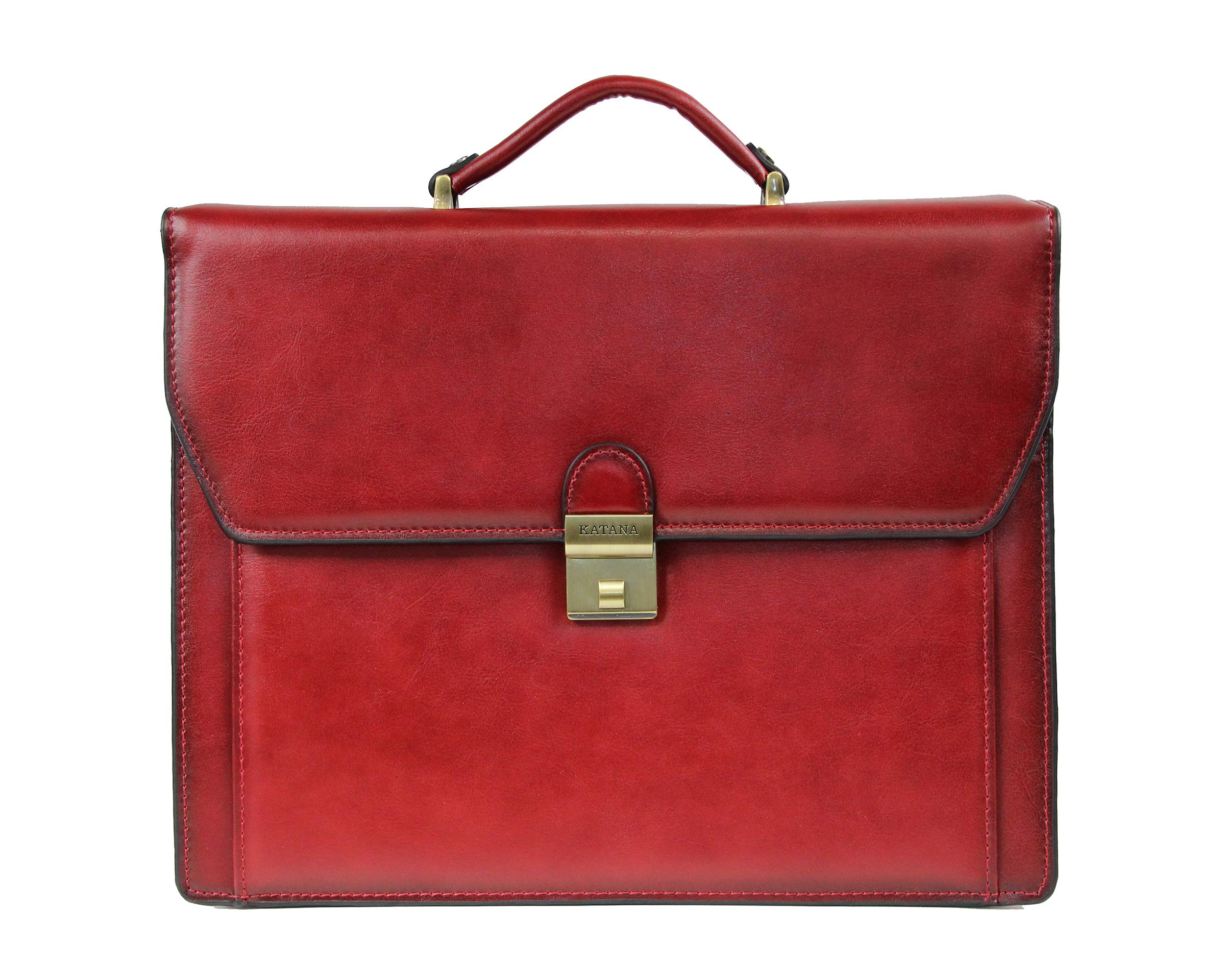 Katana Unisex Cartable refente de cuir vachette 2 soufflets Briefcase satchel, opacity, Rouge, 38x28x10 cm