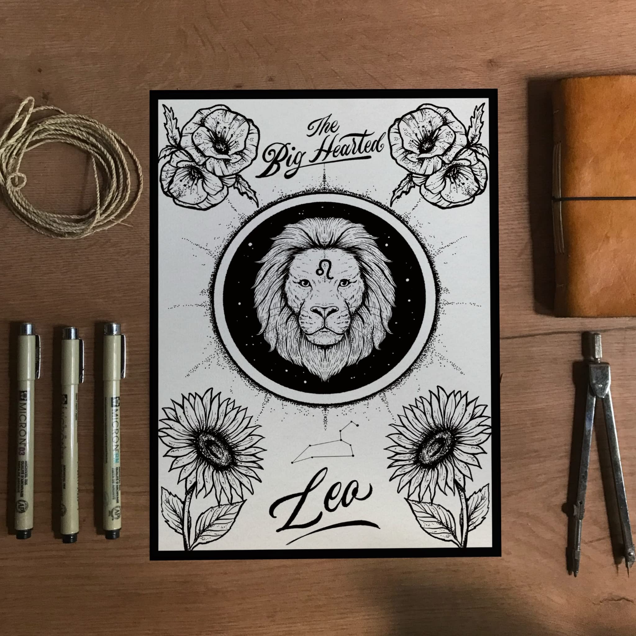 Hand-Drawn Dot Art Zodiac Star Sign Print Greeting Card Astrology Poster Wall Art Horoscope Gift Present (Leo, A4 Size Poster)