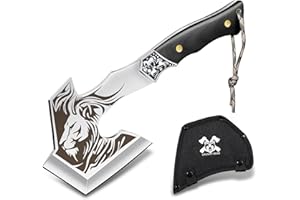 Grumpy Bear Camping Hatchet with Lion Carving, Full Tang Outdoor Axe with Decorative Handle, Durable Forged Blade for Hiking, Bushcraft, and Survival