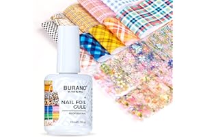 BURANO Nail Art Nail Foil Glue Gel, o.5 oz with 20PCS Foil Stickers Set Nail Foil Glue for Nails Foil Transfer Gel, Nail Design Home DIY UV LED Lamp Required (Flower Tartan) 02