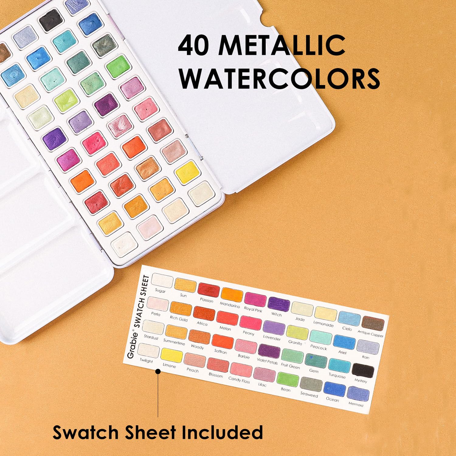 Grabie Metallic Watercolor Paint Set - 40 Rich Shimmering Powder, Versatile tin package, Art Supplies, Great Pairing of Painting Embellishments