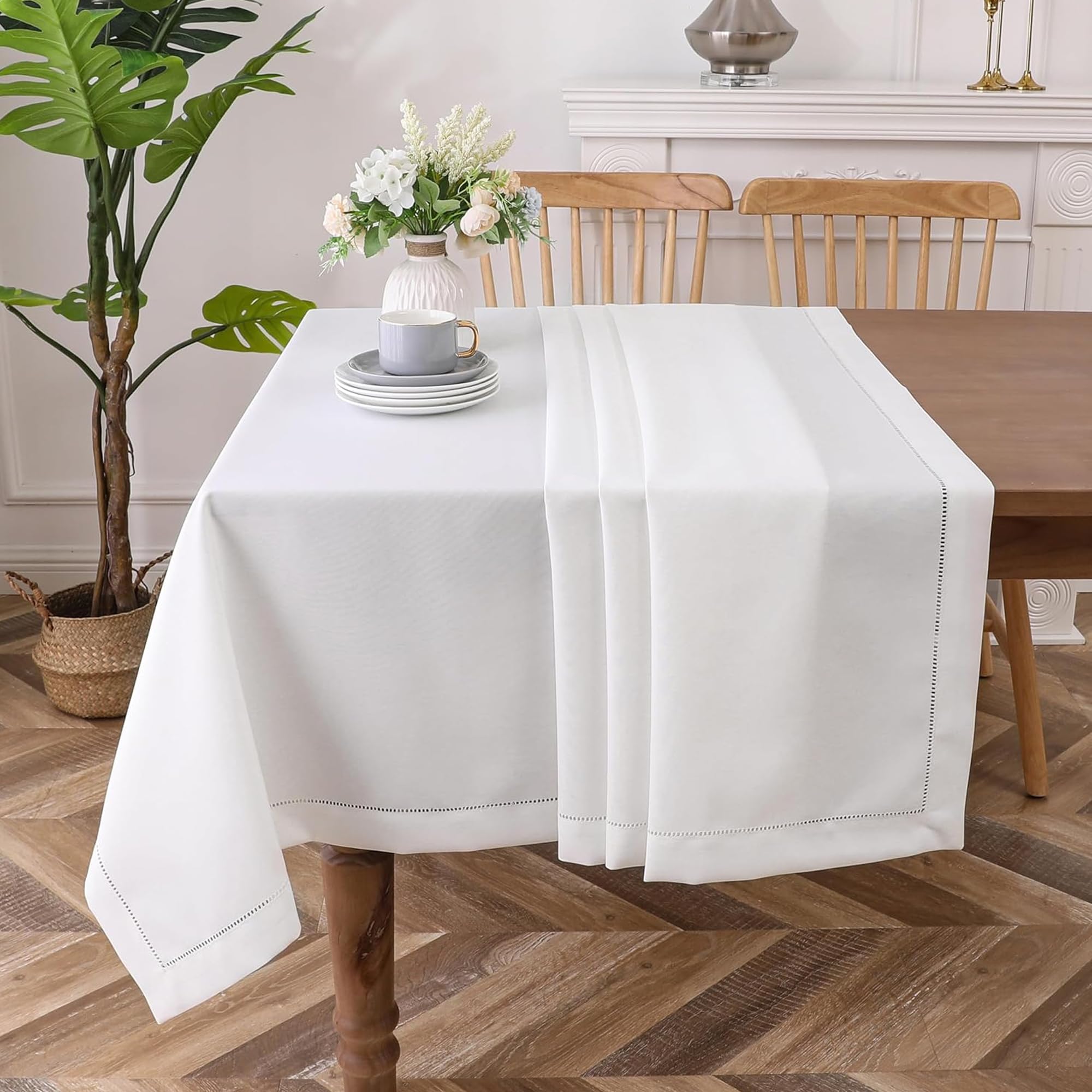 Majestic Giftware Linen Look Polyester Tablecloths for Rectangle Tables | (70/144) – TC1551 White with Hole Design Etched at Seam Table Cover | Decorative Washable Tablecloth for Kitchen & Dining