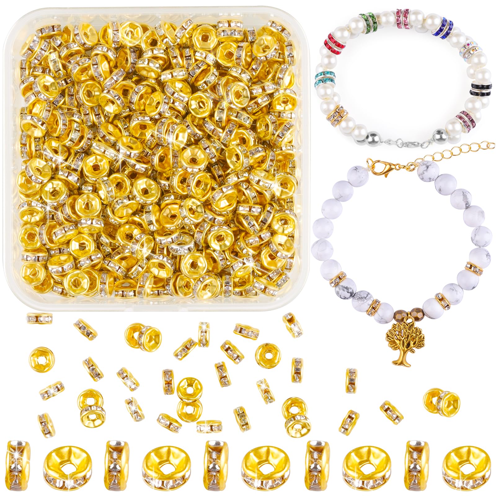400 Pcs 6mm Sparkling Crystal Spacer Beads - Gold Rondelle Crystal Rhinestone Flat Loose Beads for Bracelet Necklace Jewellery Making DIY Craft — image 1