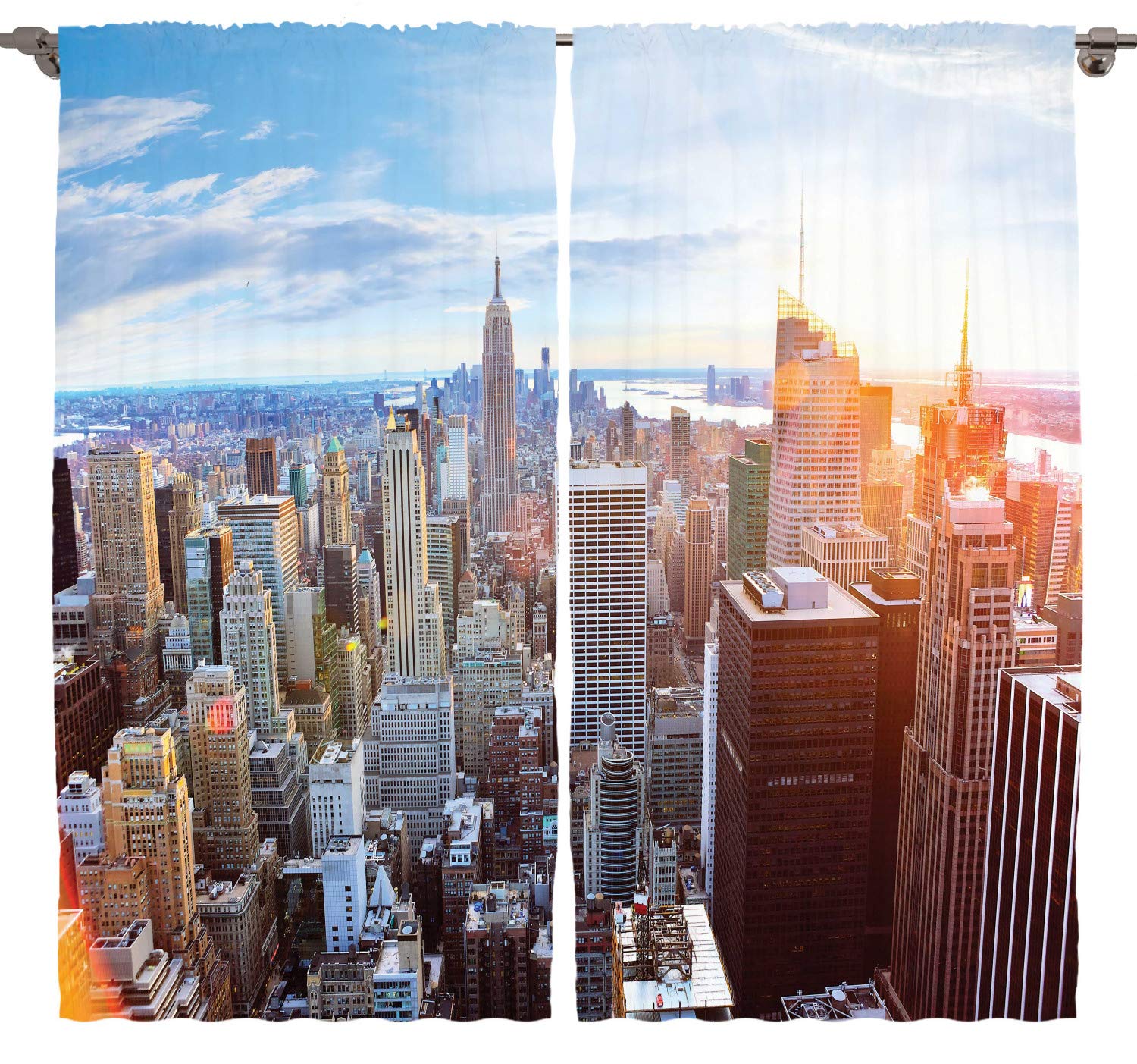 ABAKUHAUS New York Curtains, Sunset in the Manhattan Island Downtown Brooklyn Financial District Skyscrapers, Living Room Bedroom Window Drapes 2 Panel Set, 280 x 225 cm, Sky blue — image 1