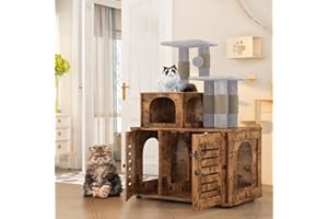 Lamerge Cat Litter Box Enclosure,Hidden Kitty Washroom,Multifuctional Enlarged Cat Litter Cabinet Cat House with Cat Tree Tower Scratching Post,Removable Divider,Rustic Brown