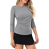 Boat Neck 3/4 Sleeve Tops for Women Ruched Side Ribbed T-Shirts Fitted Casual Basic Tees Summer Fall Outfits Going Out Top