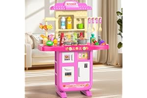 MSKOLER Play Kitchen Playset, Girls Kitchen Toys for Ages 2-6 4-8 with Light, Sound and Spraying, Sink Toy Accessories, Cooking Stoves, Pretend Food for Toddlers 1-3 3-5