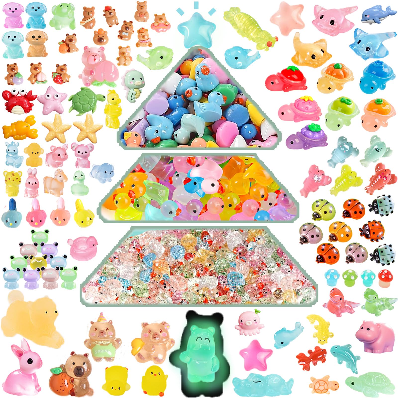 Blynmyr 230pcs Mini Resin Animals Mixed, 77 Styles Tiny Luminous Glass Animals, Small Plastic Animal Figures Glow in the Dark for Potted Micro Landscape Fairy Garden Aquarium Dollhouse Decor
