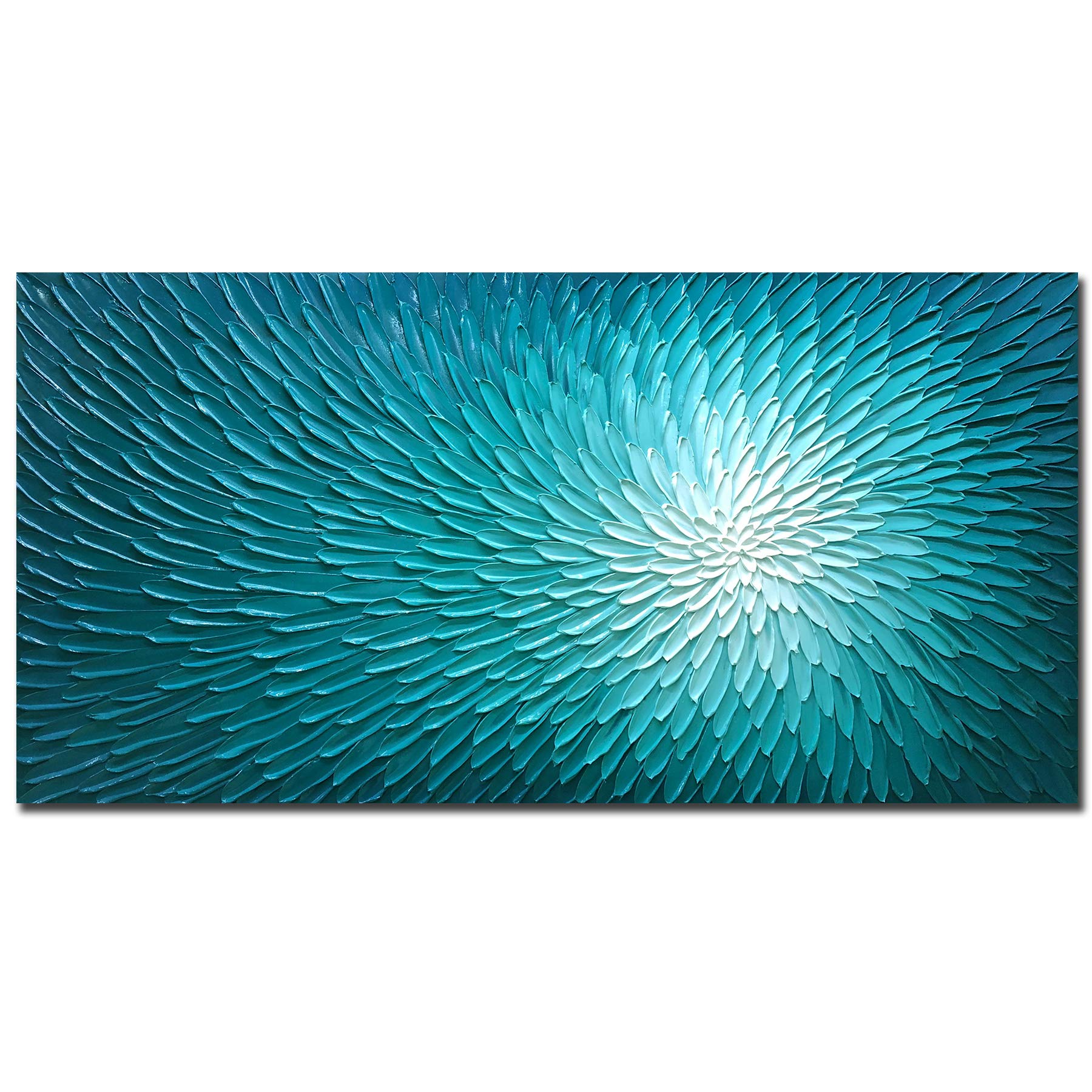 Amei Art Paintings, 24X48Inch Hand Painted Textured Wall Art on Canvas Oil Hand Painting Blooming Floral Artwork Art Wood Inside Framed Hanging Wall Decoration Abstract Oil Paintings (Teal Blue)