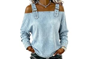 Women's Casual Washed Denim Cold Shoulder Buckle Strap Long Sleeve Blouse, Blouse Adjustable Straps Cowboy Shirt