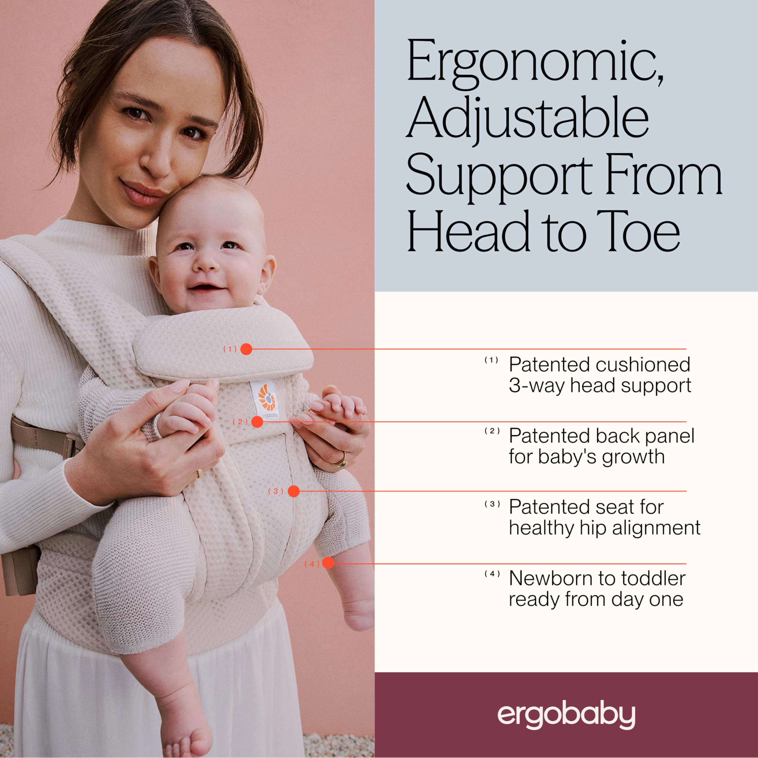 Ergobaby Omni Deluxe All-in-One Babytrage für Neugeborene ab Geburt bis 20kg, Ergonomische 4-Positionen Mesh Babytrage Rückentrage Baby-Tragetasche, Natural Beige 3
